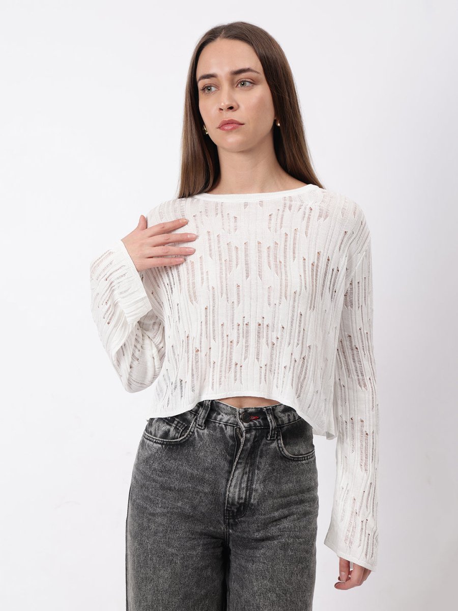 Gaiia Self Design Long Sleeve Crew Neck Top - White - GAIIA